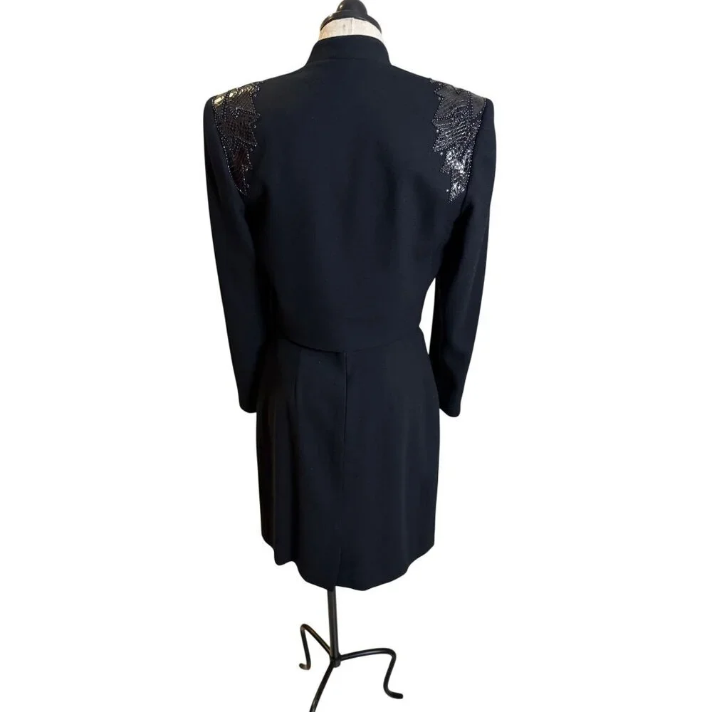 Nolan Miller Womens Bolero Jacket Skirt Set Size 6 Black Wool Snakeskin Beaded - Picture 2 of 13